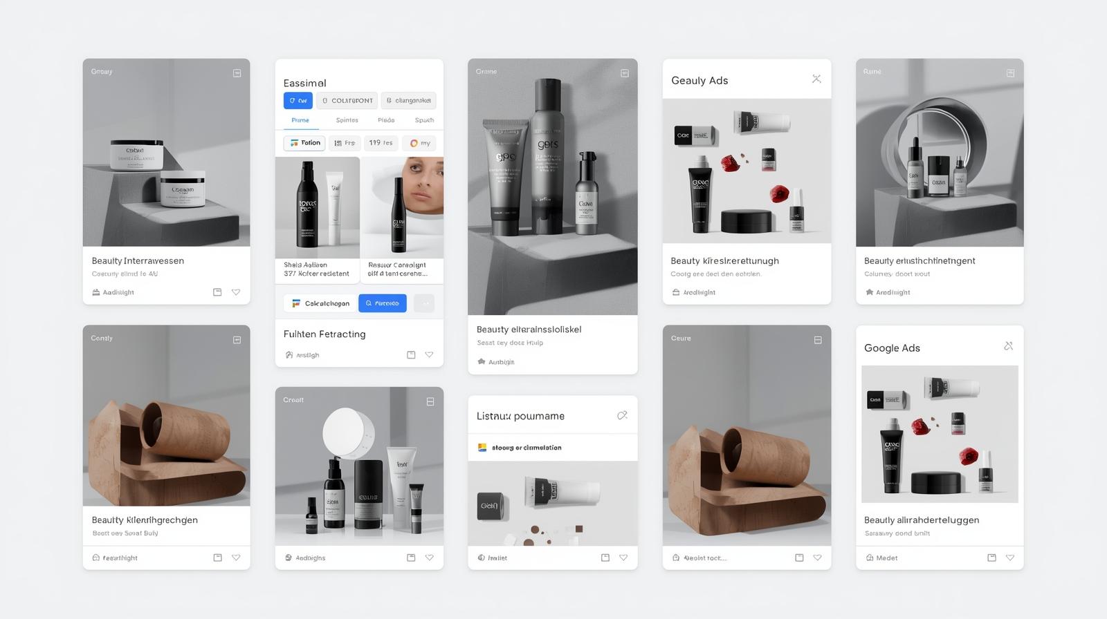 Google ads anzeigen mockup in grau und schwarz . das verschiedene anzeigen, inserate und designs zeigt. produkte beauty alle texte auf deutsch (1)