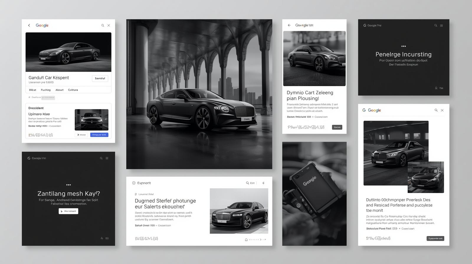 Google remarketing anzeigen mockup in grau und schwarz . das verschiedene anzeigen, inserate und designs zeigt. produkte luxus auto. alle texte auf deutsch