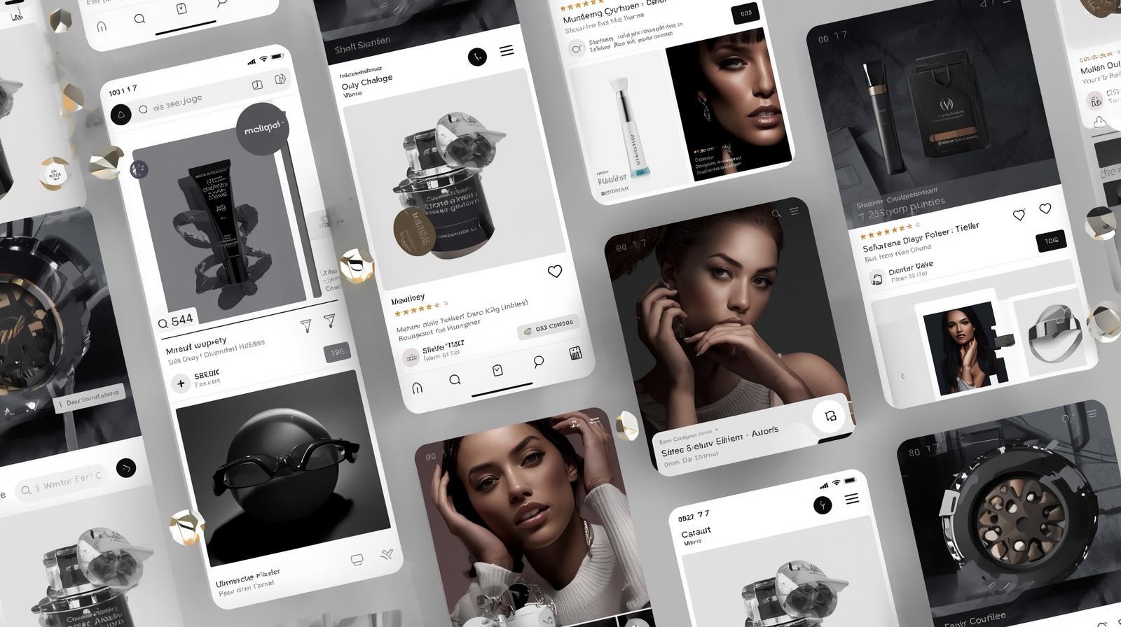 Google sopping anzeigen mockup in grau und schwarz . das verschiedene anzeigen, inserate und designs zeigt. produkte beauty alle texte auf deutsch