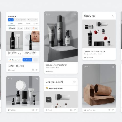 Google ads anzeigen mockup in grau und schwarz . das verschiedene anzeigen, inserate und designs zeigt. produkte beauty alle texte auf deutsch (1)