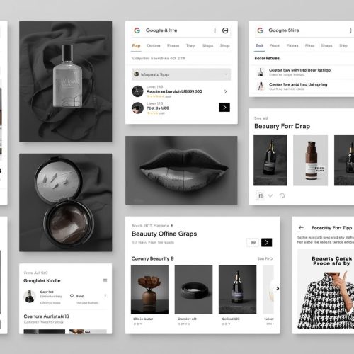 Google ads anzeigen mockup in grau und schwarz . das verschiedene anzeigen, inserate und designs zeigt. produkte beauty
