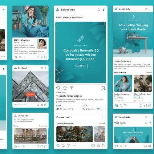Google ads anzeigen mockup in türkis blau. das verschiedene anzeigen, inserate und designs zeigt. (1)