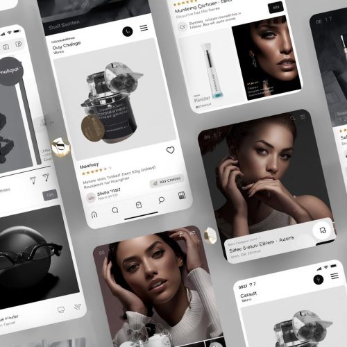 Google sopping anzeigen mockup in grau und schwarz . das verschiedene anzeigen, inserate und designs zeigt. produkte beauty alle texte auf deutsch